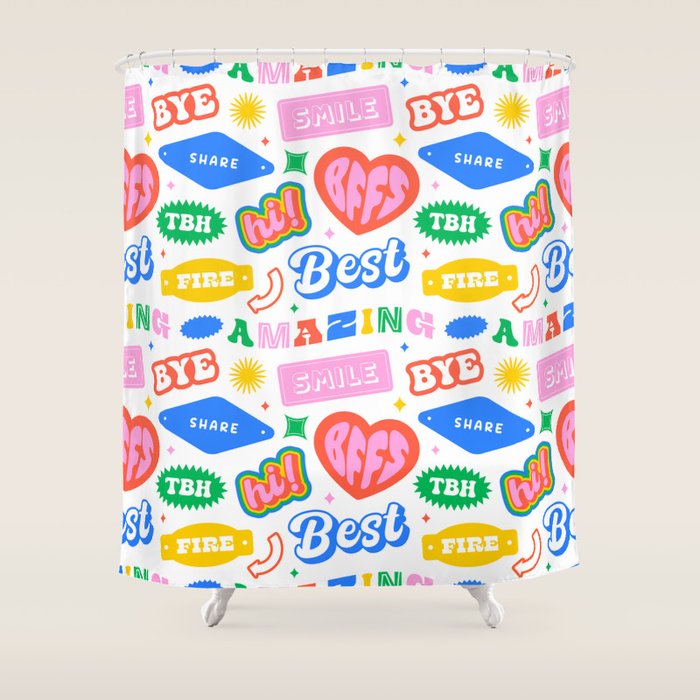 Retro funny sticker quote label pattern Shower Curtain Gallery Image 1