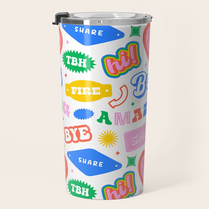 Retro funny sticker quote label pattern Travel Mug Gallery Image 3