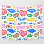 Retro funny sticker quote label pattern Wall Tapestry Gallery Image 4