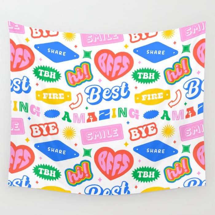 Retro funny sticker quote label pattern Wall Tapestry Gallery Image 4