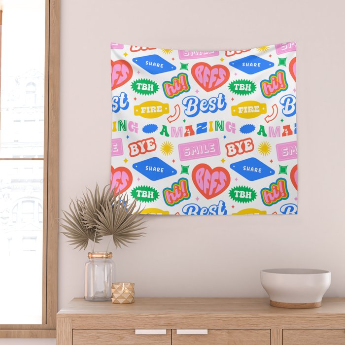 Retro funny sticker quote label pattern Wall Tapestry Gallery Image 2