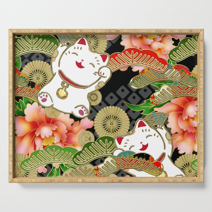 Japanese Maneki Neko lucky cat Pattern 001 Serving Tray Gallery Image 1