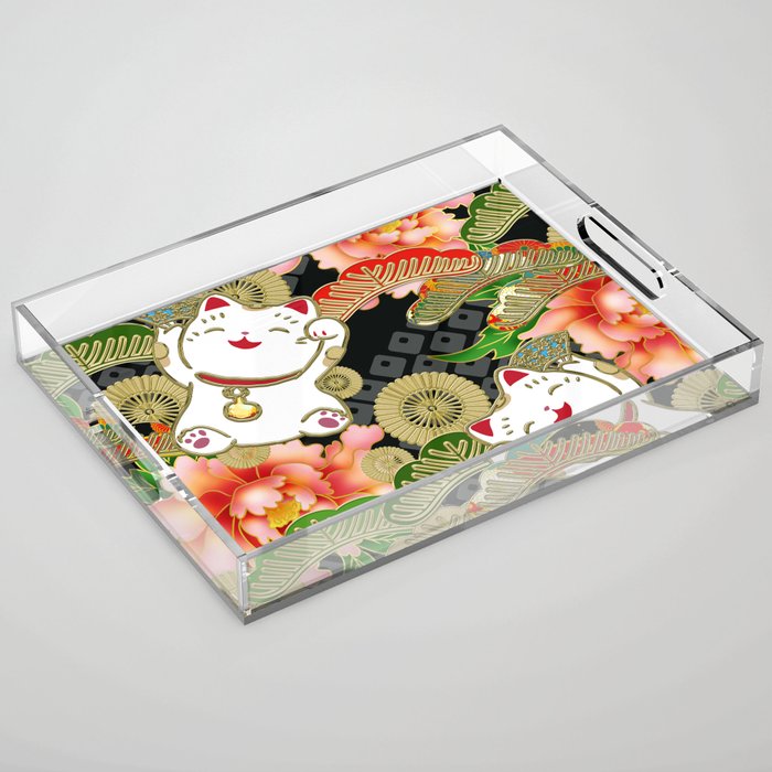 Japanese Maneki Neko lucky cat Pattern 001 Acrylic Tray Gallery Image 1