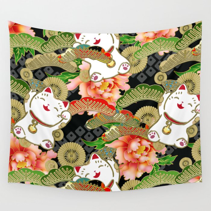 Japanese Maneki Neko lucky cat Pattern 001 Wall Tapestry Gallery Image 1