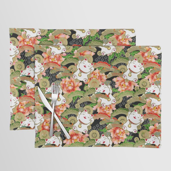 Japanese Maneki Neko lucky cat Pattern 001 Placemat Gallery Image 1