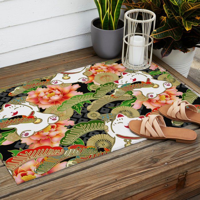 Japanese Maneki Neko lucky cat Pattern 001 Outdoor Rug Gallery Image 2
