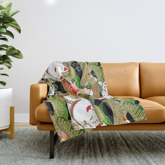 Japanese Maneki Neko lucky cat Pattern 001 Throw Blanket Gallery Image 1