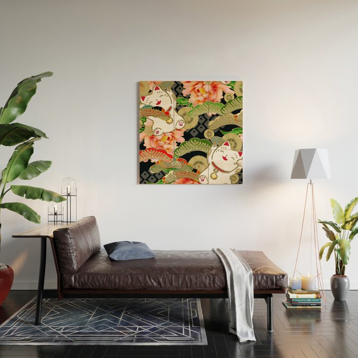 Japanese Maneki Neko lucky cat Pattern 001 Wood Wall Art Gallery Image 2