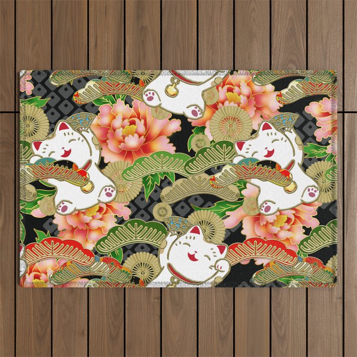 Japanese Maneki Neko Lucky Cat Pattern 001 Outdoor Rug Gallery Image 1