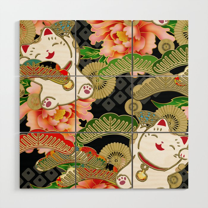 Japanese Maneki Neko lucky cat Pattern 001 Wood Wall Art Gallery Image 1