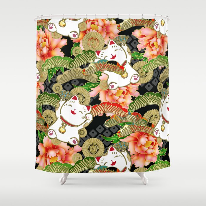 Japanese Maneki Neko lucky cat Pattern 001 Shower Curtain Gallery Image 1