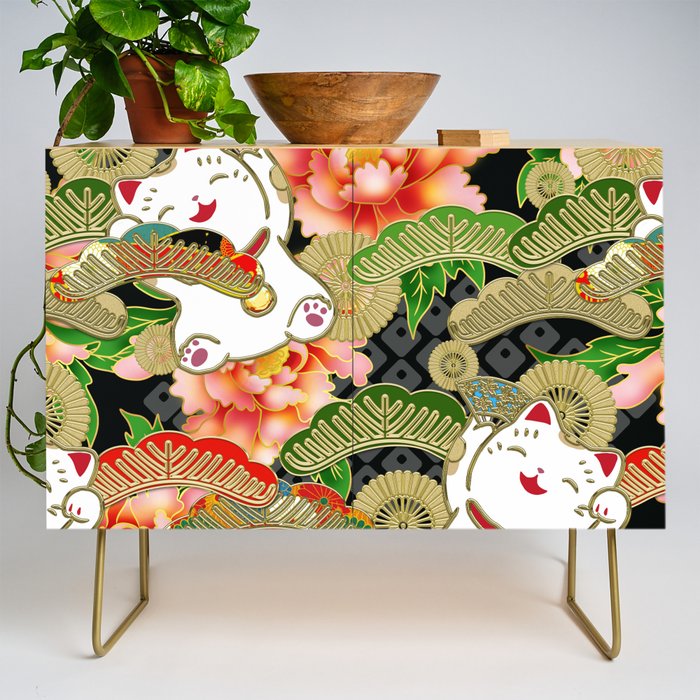 Japanese Maneki Neko Lucky Cat Pattern 001 Credenza