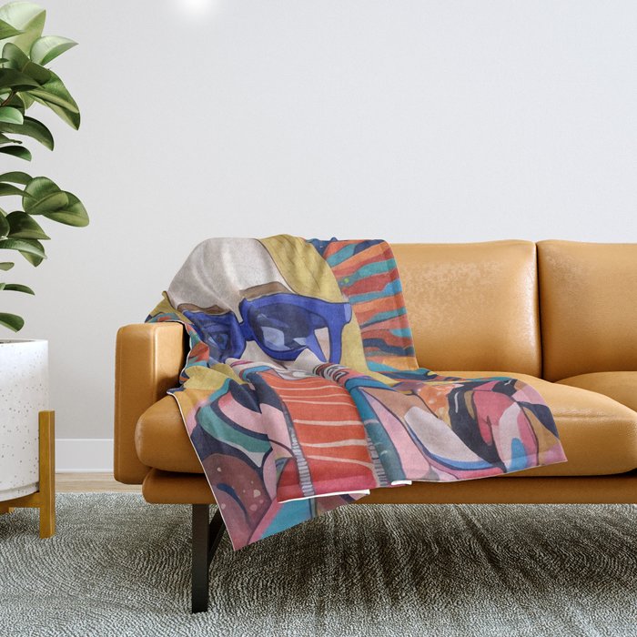 Speed Through, Retro Girl Woman Superpower Magic, Fashion Sunburst Blonde Female, Feminism Colorful Illustration Eclectic Bohemian Maximalism Throw Blanket Gallery Image 1