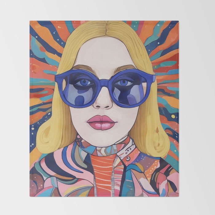 Speed Through, Retro Girl Woman Superpower Magic, Fashion Sunburst Blonde Female, Feminism Colorful Illustration Eclectic Bohemian Maximalism Throw Blanket Gallery Image 2