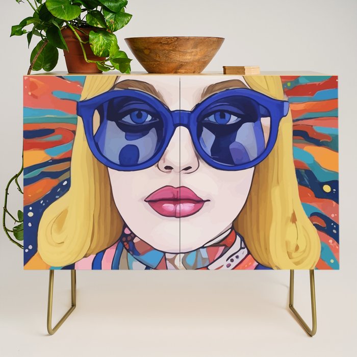 Speed Through, Retro Girl Woman Superpower Magic, Fashion Sunburst Blonde Female, Feminism Colorful Illustration Eclectic Bohemian Maximalism Credenza Gallery Image 1