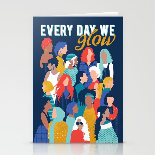 Every day we glow International Women's Day // midnight navy blue background teal, mint, electric blue neon orange red and gold humans  Stationery Card Gallery Image 1