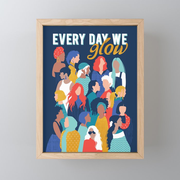 Every day we glow International Women's Day // midnight navy blue background teal, mint, electric blue neon orange red and gold humans  Mini Art Print Gallery Image 1