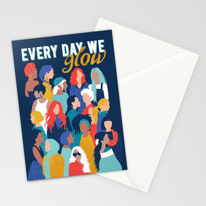 Every day we glow International Women's Day // midnight navy blue background teal, mint, electric blue neon orange red and gold humans  Stationery Card Gallery Image 2