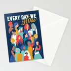 Every day we glow International Women's Day // midnight navy blue background teal, mint, electric blue neon orange red and gold humans  Stationery Card Gallery Image 2
