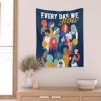 Every day we glow International Women's Day // midnight navy blue background teal, mint, electric blue neon orange red and gold humans  Wall Tapestry Gallery Image 2