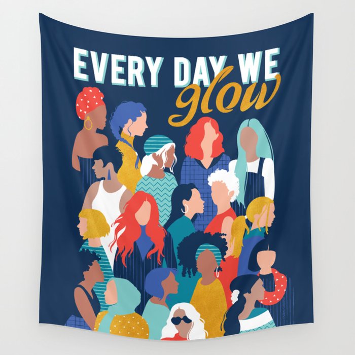 Every day we glow International Women's Day // midnight navy blue background teal, mint, electric blue neon orange red and gold humans  Wall Tapestry Gallery Image 1