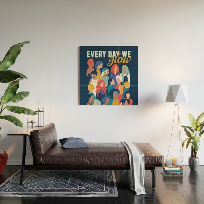 Every day we glow International Women's Day // midnight navy blue background teal, mint, electric blue neon orange red and gold humans  Wood Wall Art Gallery Image 2