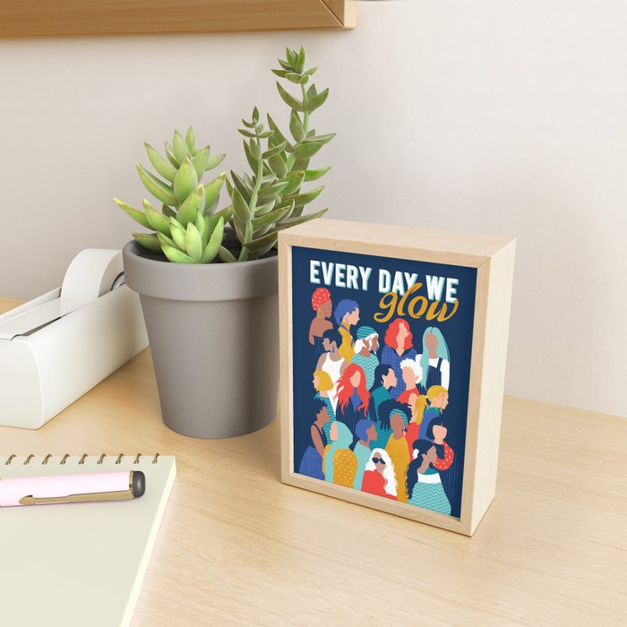 Every day we glow International Women's Day // midnight navy blue background teal, mint, electric blue neon orange red and gold humans  Mini Art Print Gallery Image 2