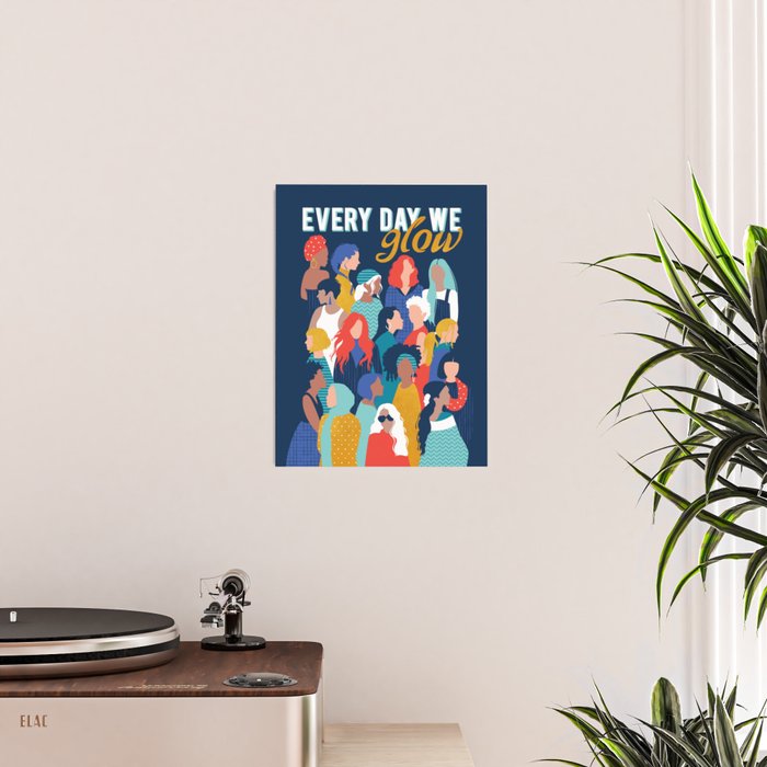 Every day we glow International Women's Day // midnight navy blue background teal, mint, electric blue neon orange red and gold humans  Poster Gallery Image 2