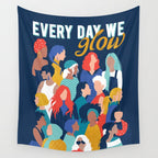 Every day we glow International Women's Day // midnight navy blue background teal, mint, electric blue neon orange red and gold humans  Wall Tapestry Gallery Image 4