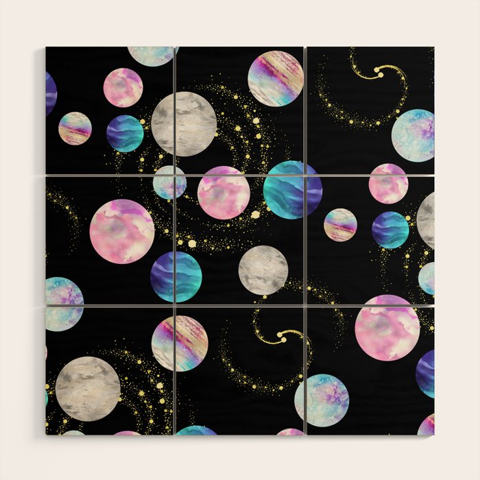 Outer Space: Planets, Galaxies, and Stars (watercolor and gold) Pattern Wood Wall Art Gallery Image 1