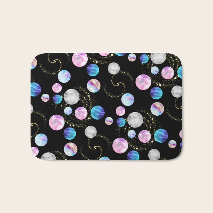 Outer Space: Planets, Galaxies, and Stars (watercolor and gold) Pattern Bath Mat Gallery Image 1