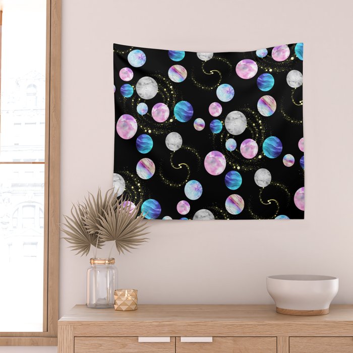 Outer Space: Planets, Galaxies, and Stars (watercolor and gold) Pattern Wall Tapestry Gallery Image 2