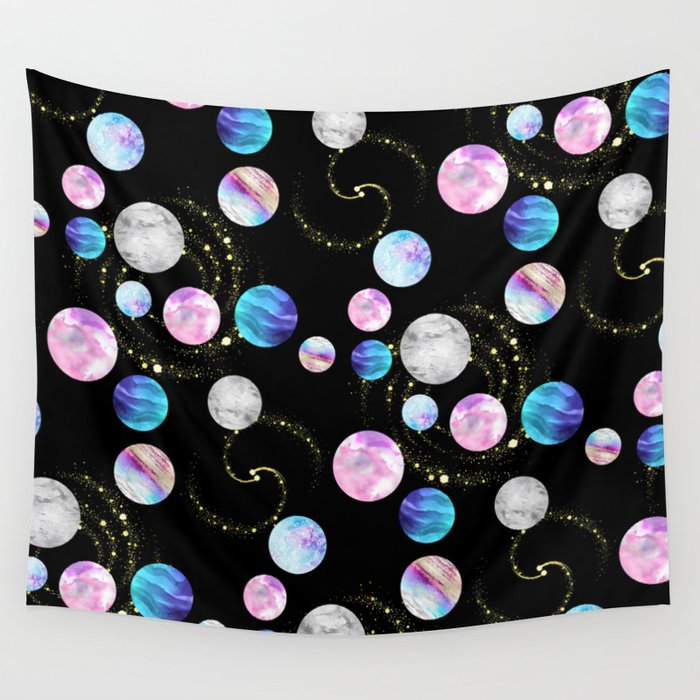 Outer Space: Planets, Galaxies, and Stars (watercolor and gold) Pattern Wall Tapestry Gallery Image 1