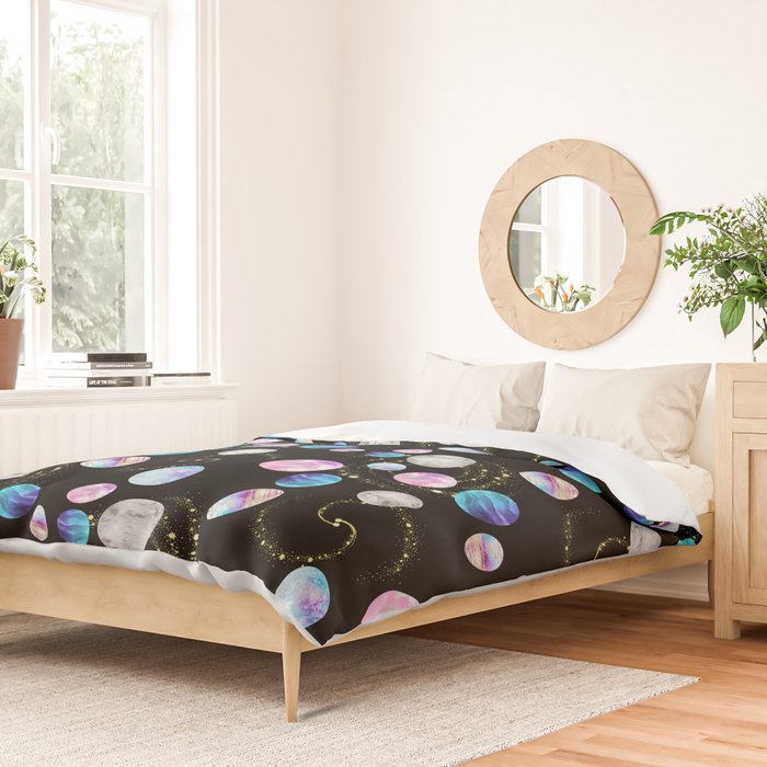 Outer Space: Planets, Galaxies, and Stars (watercolor and gold) Pattern Duvet Cover Gallery Image 2