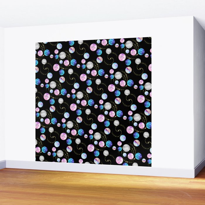 Outer Space: Planets, Galaxies, and Stars (watercolor and gold) Pattern Wall Mural Gallery Image 2