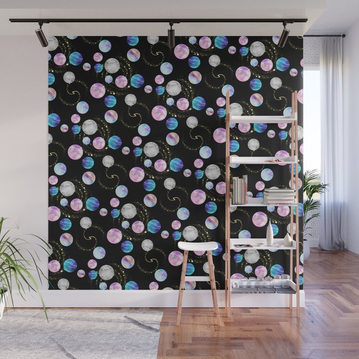 Outer Space: Planets, Galaxies, and Stars (watercolor and gold) Pattern Wall Mural Gallery Image 1