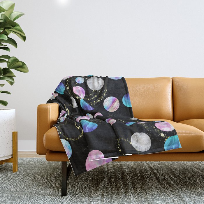Outer Space: Planets, Galaxies, and Stars (watercolor and gold) Pattern Throw Blanket Gallery Image 1