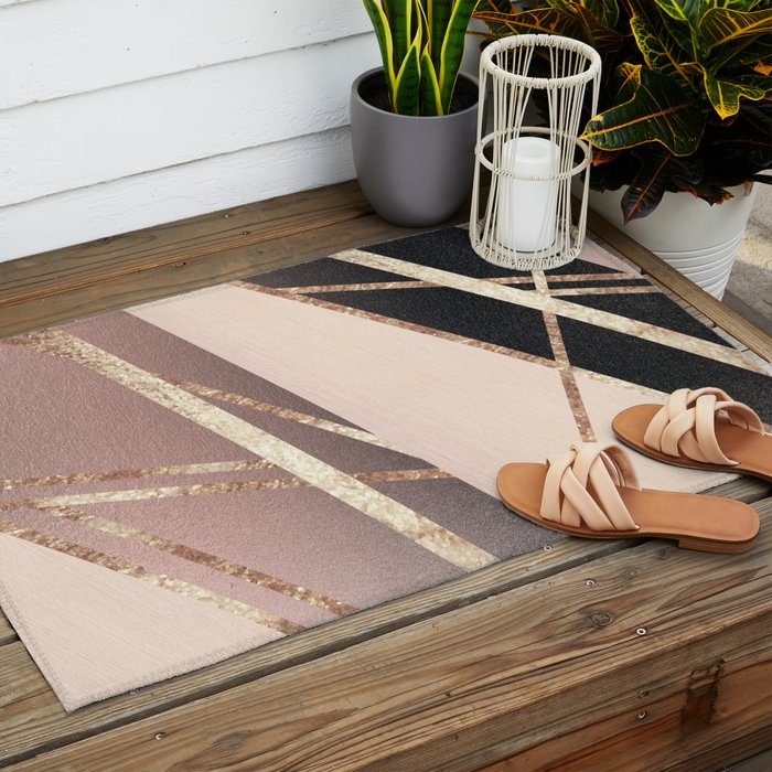 Rose Gold Blush Black Geometric Stripe Glam #1 #geo #decor #art #society6 Outdoor Rug Gallery Image 2
