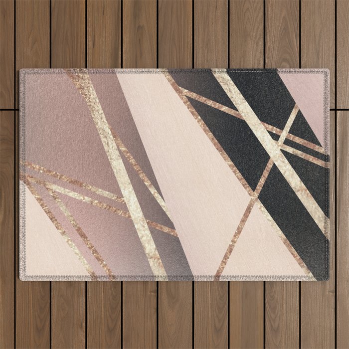 Rose Gold Blush Black Geometric Stripe Glam #1 #geo #decor #art #society6 Outdoor Rug Gallery Image 1