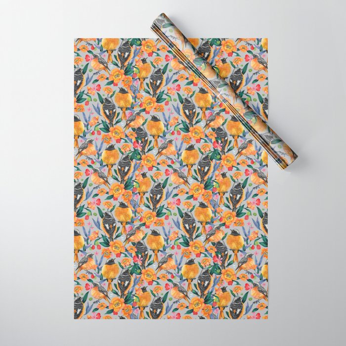 Orange Birds Florals - GREY Wrapping Paper Gallery Image 1