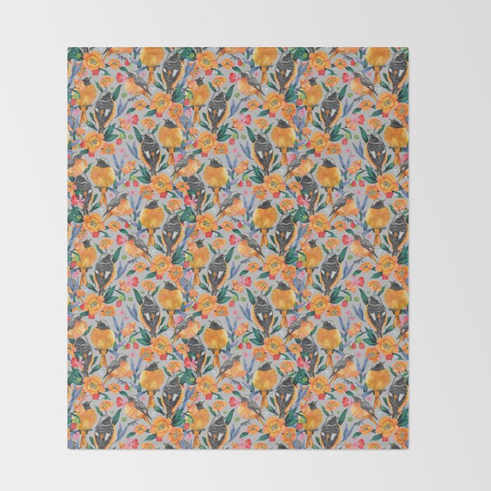 Orange Birds Florals - GREY Throw Blanket Gallery Image 2