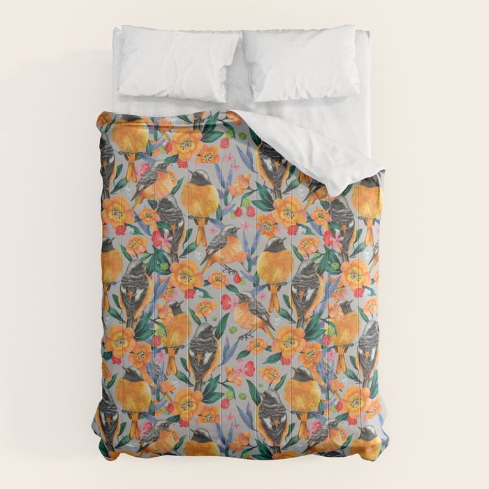 Orange Birds Florals - GREY Comforter Gallery Image 1