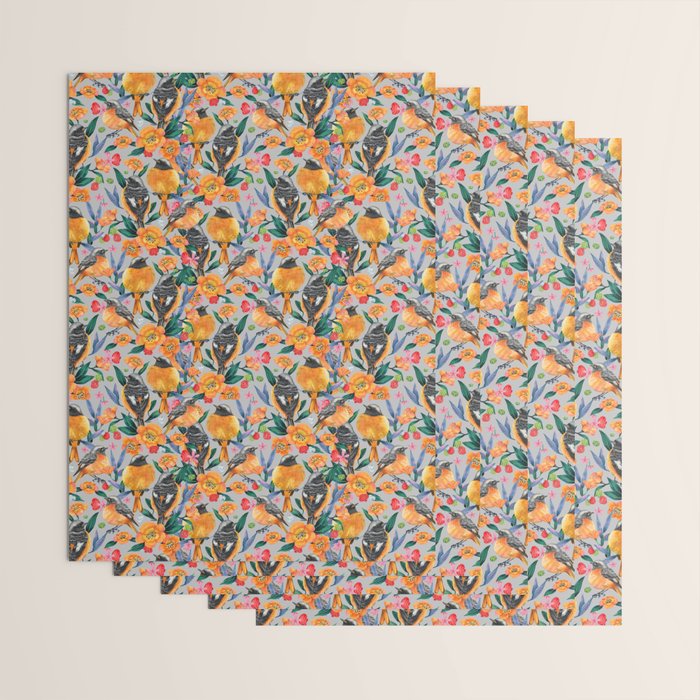 Orange Birds Florals - GREY Wrapping Paper Gallery Image 3