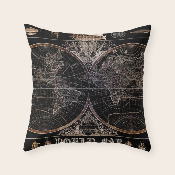 world map old vintage black Throw Pillow Gallery Image 6