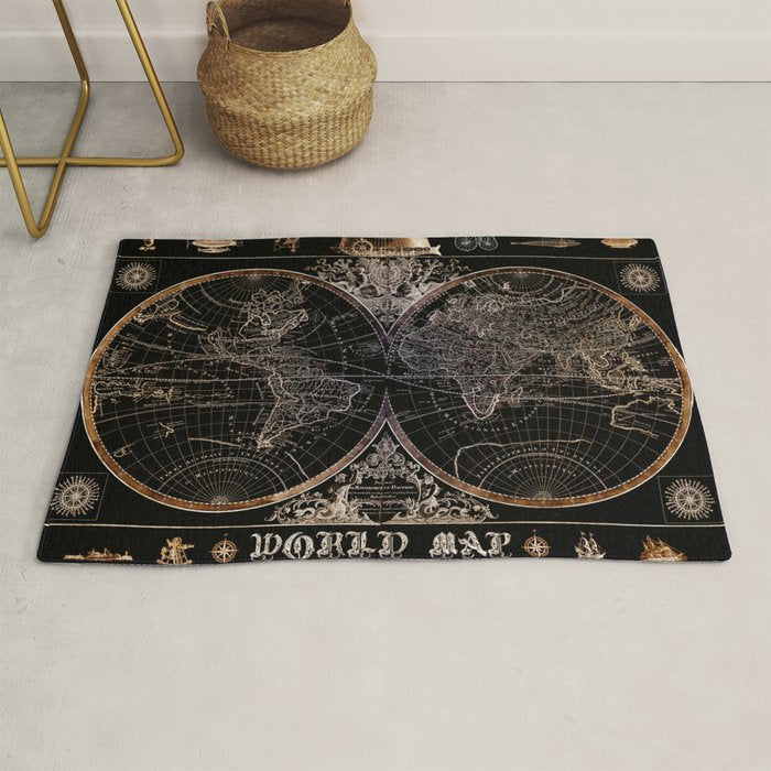 world map old vintage black Rug