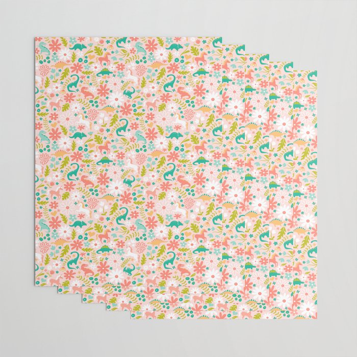 Dinosaurs + Unicorns in Pink + Teal Wrapping Paper Gallery Image 3