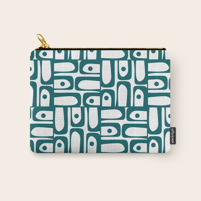 Mid Century Modern Piquet Abstract Multi Pattern in Deep Teal Marine Green-Blue and White Carry All Pouch Gallery Image 1