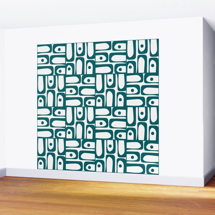 Mid Century Modern Piquet Abstract Multi Pattern in Deep Teal Marine Green-Blue and White Wall Mural Gallery Image 2