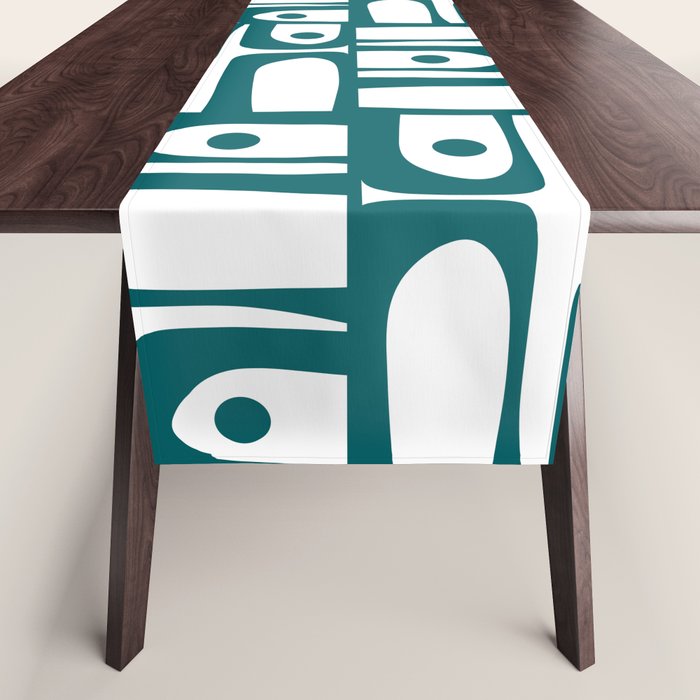 Mid Century Modern Piquet Abstract Multi Pattern in Deep Teal Marine Green-Blue and White Table Runner Gallery Image 1