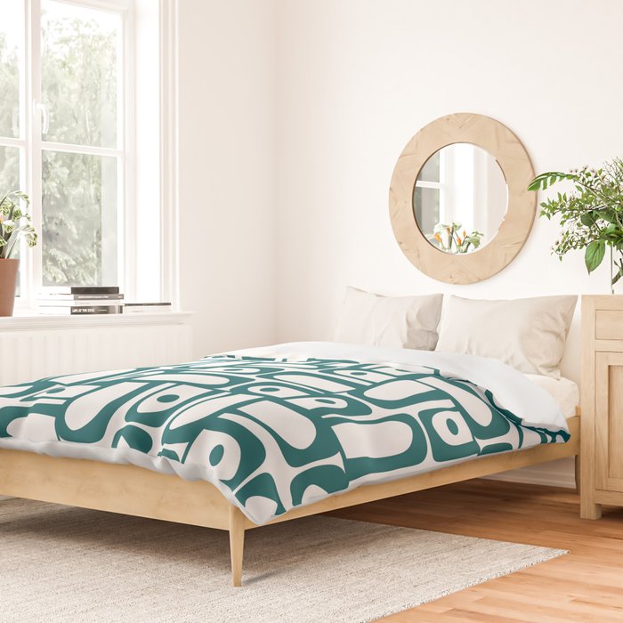 Mid Century Modern Piquet Abstract Multi Pattern in Deep Teal Marine Green-Blue and White Duvet Cover Gallery Image 2